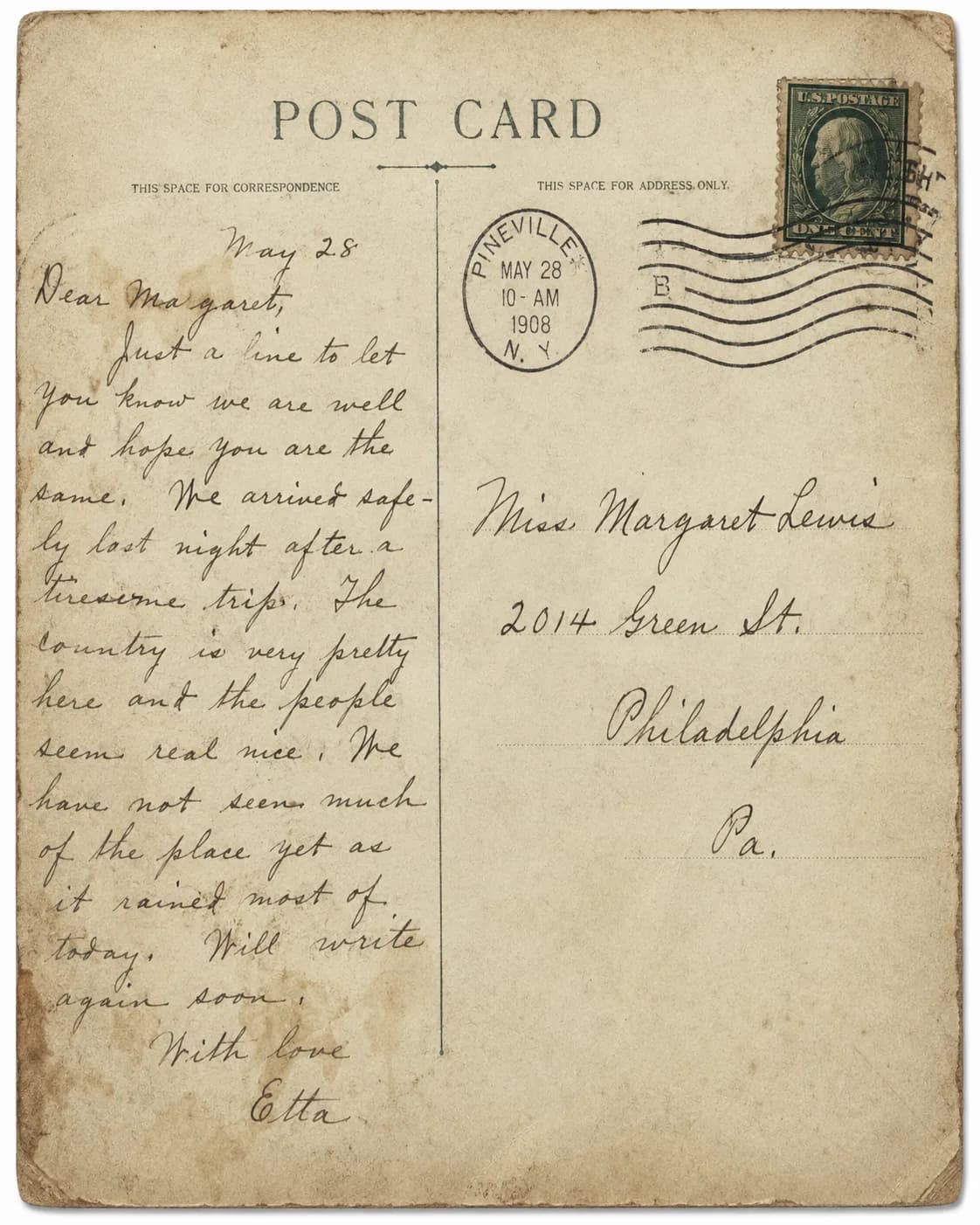 A handwritten 1908 correspondence card