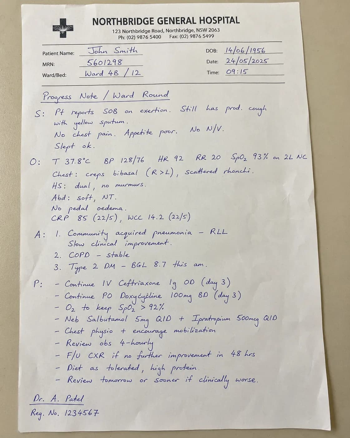 Handwritten nursing progress notes