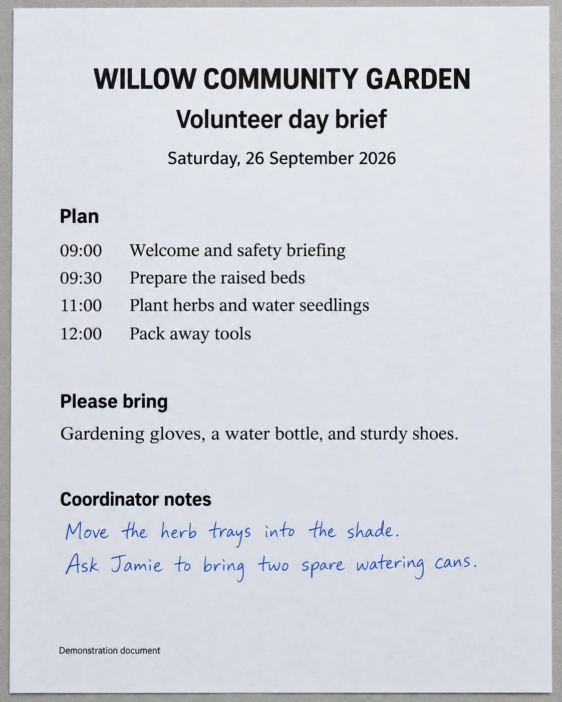 Printed volunteer-day brief with a schedule and blue handwritten coordinator notes.