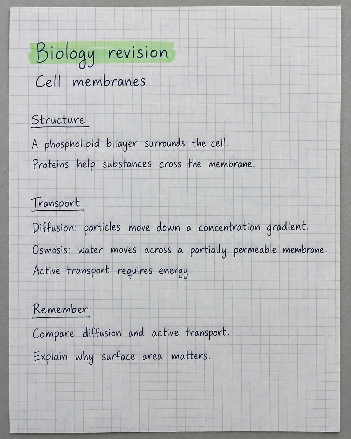Handwritten biology revision notes about cell membranes on squared paper.